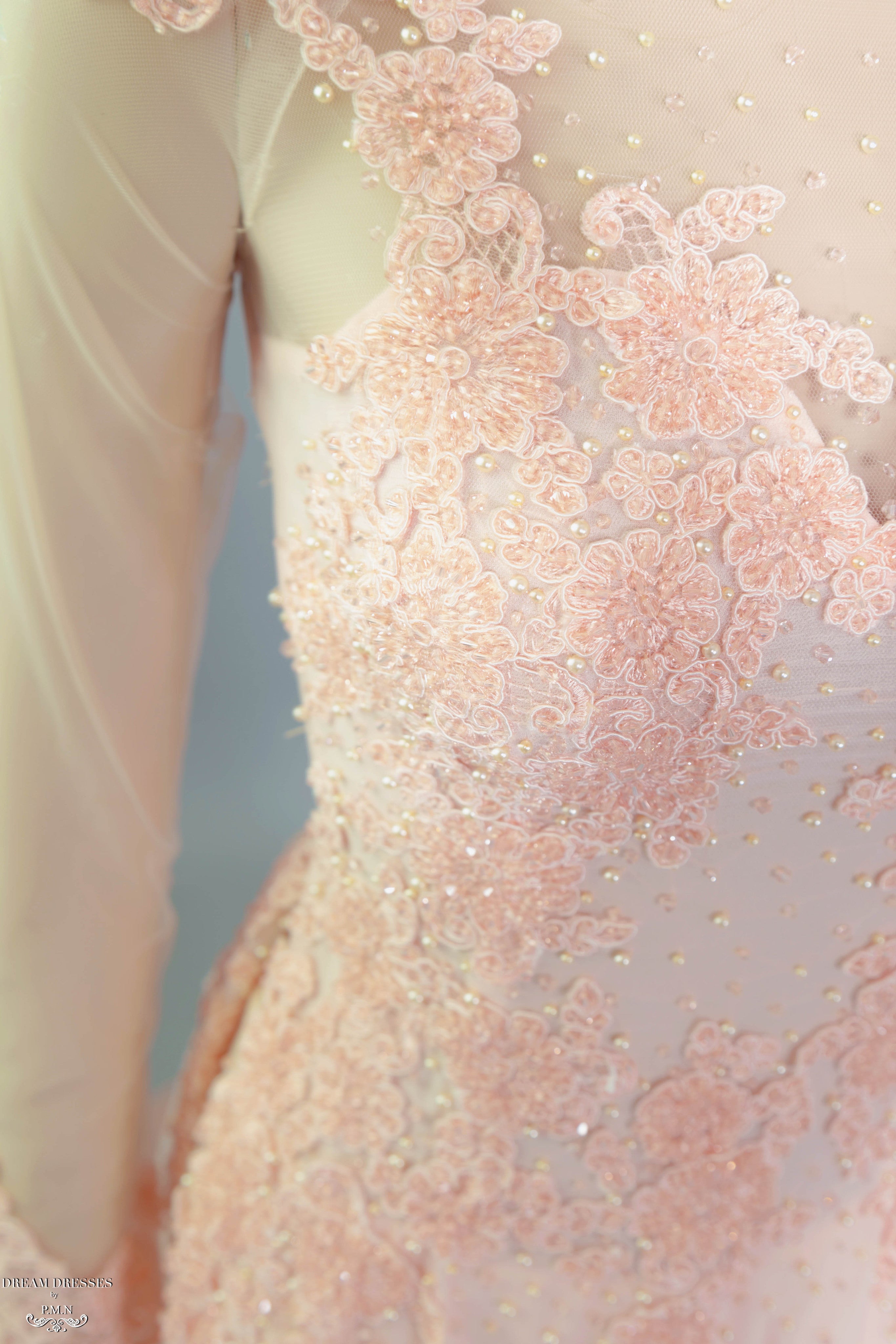 DreamDress By PMN Tala Blush Pink Vietnamese Ao Dai Inspired Wedding Dress Gown Illusion V-Neck Floral Embellishment Long Sleeves | Size: 22 DreamDress By PMN Tala Blush Pink Vietnamese Ao Dai Inspired Wedding Dress Gown Illusion V-Neck Floral Embellishment Long Sleeves | Size: 22