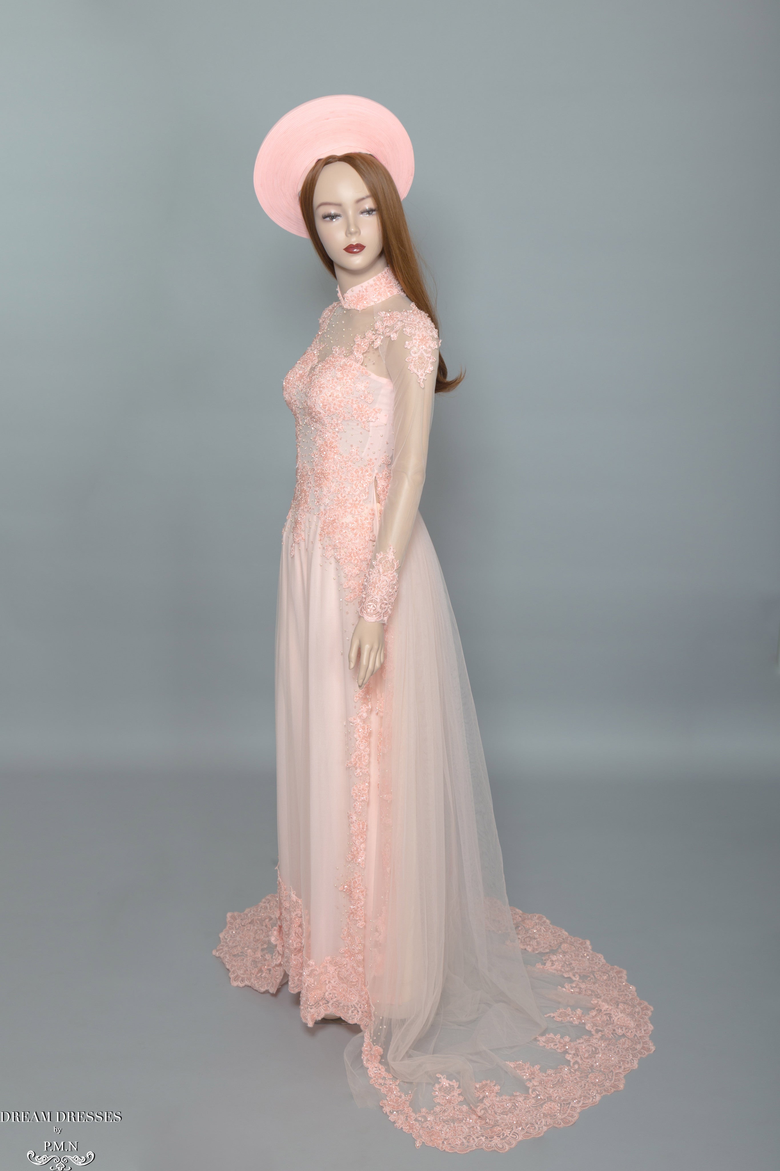 Blush Pink Bridal Ao Dai | Vietnamese Bridal Dress with Embellishment (#TALA)