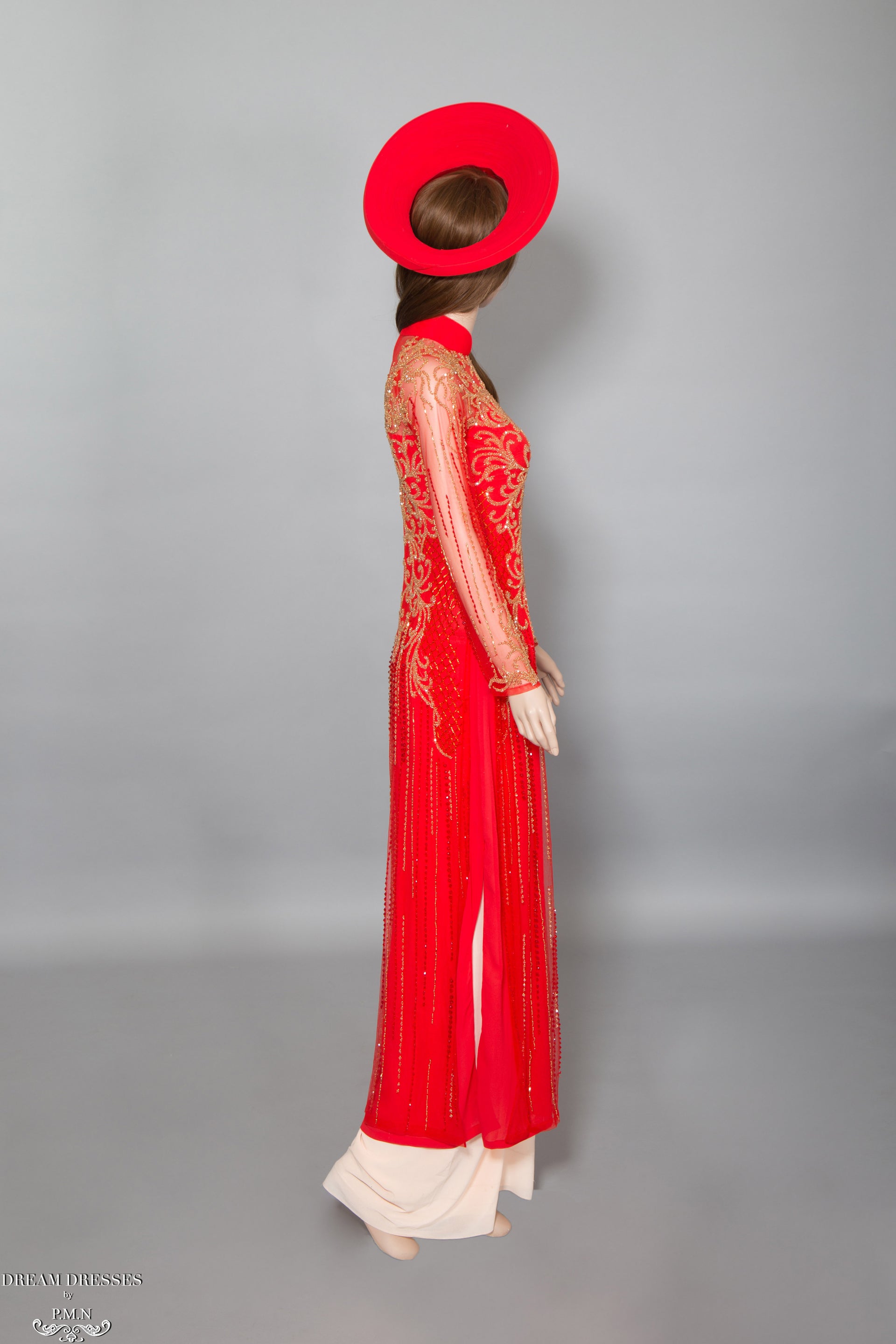 Red Ao Dai with Gold Embellishment | Vietnamese Bridal Dress (#DALYA) - Dream Dresses by P.M.N.