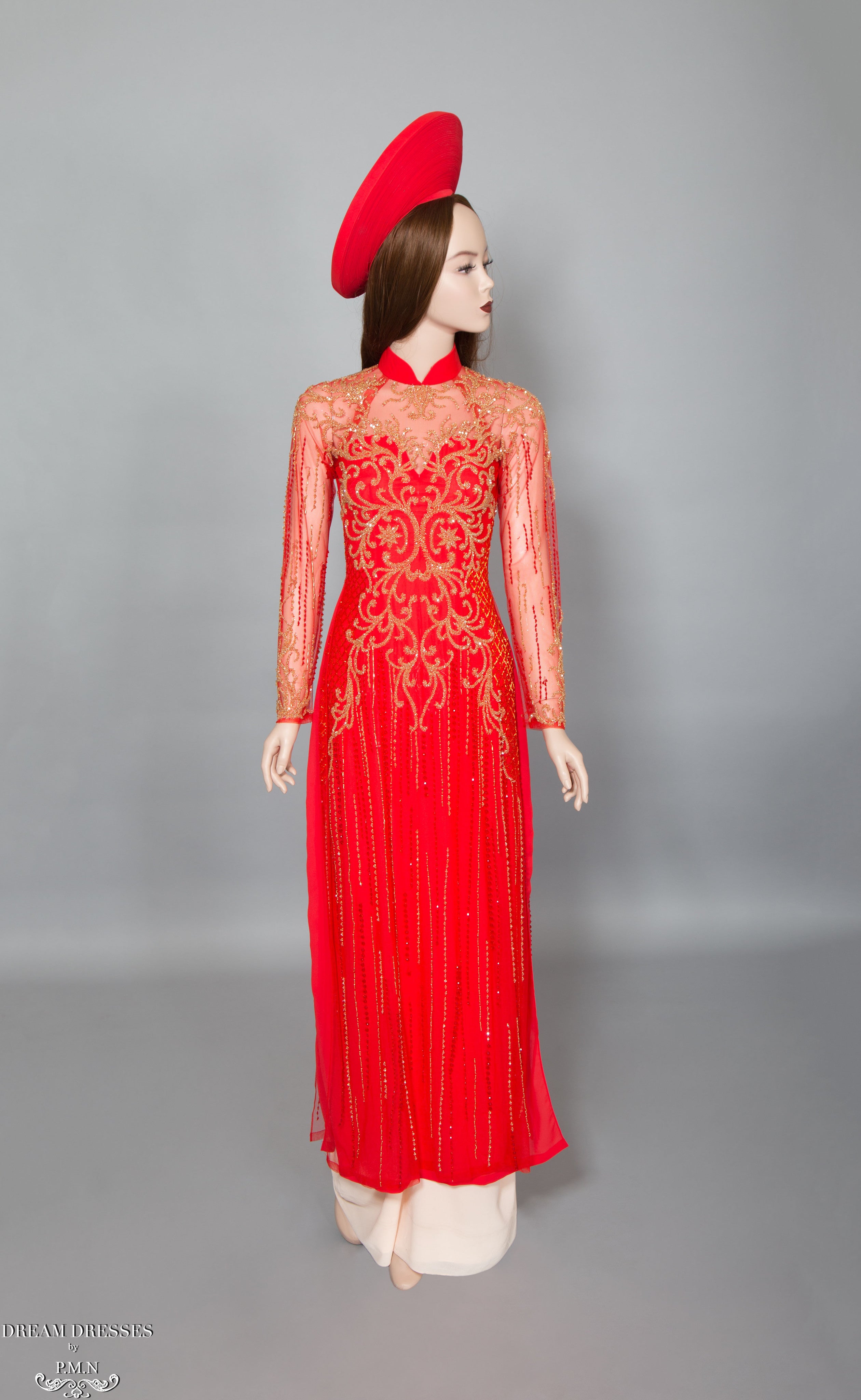Red Ao Dai with Gold Embellishment | Vietnamese Bridal Dress (#DALYA)