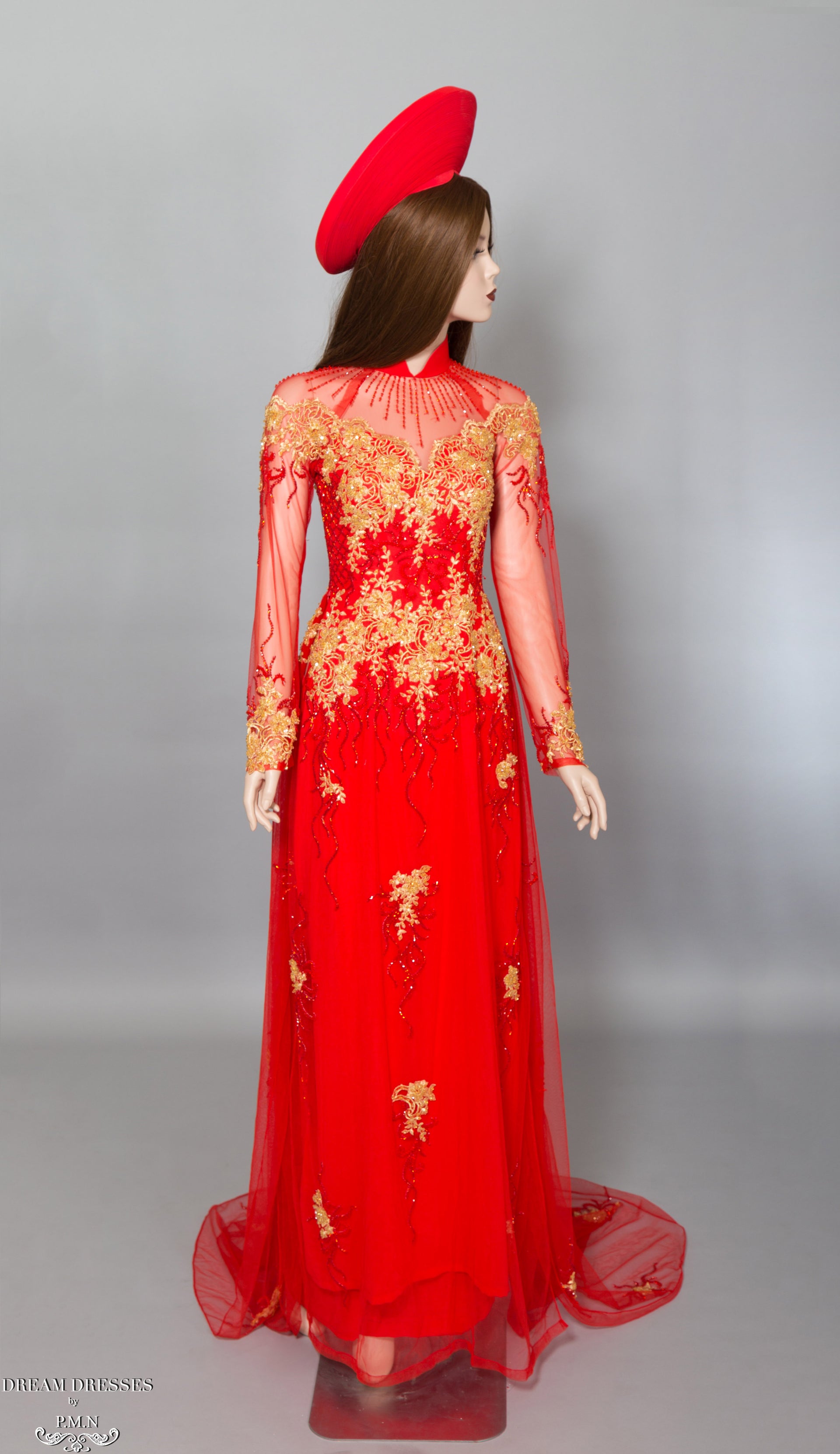 Red Bridal Ao Dai with Gold Lace | Vietnamese Bridal Dress with Embellishment (#KALEY) - Dream Dresses by P.M.N.