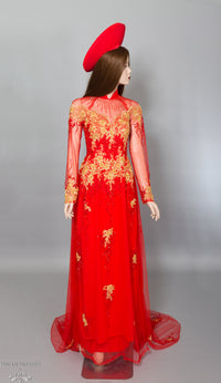 Red Bridal Ao Dai with Gold Lace | Vietnamese Bridal Dress with Embellishment (#KALEY) - Dream Dresses by P.M.N.