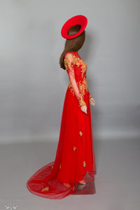 Red Bridal Ao Dai with Gold Lace | Vietnamese Bridal Dress with Embellishment (#KALEY) - Dream Dresses by P.M.N.