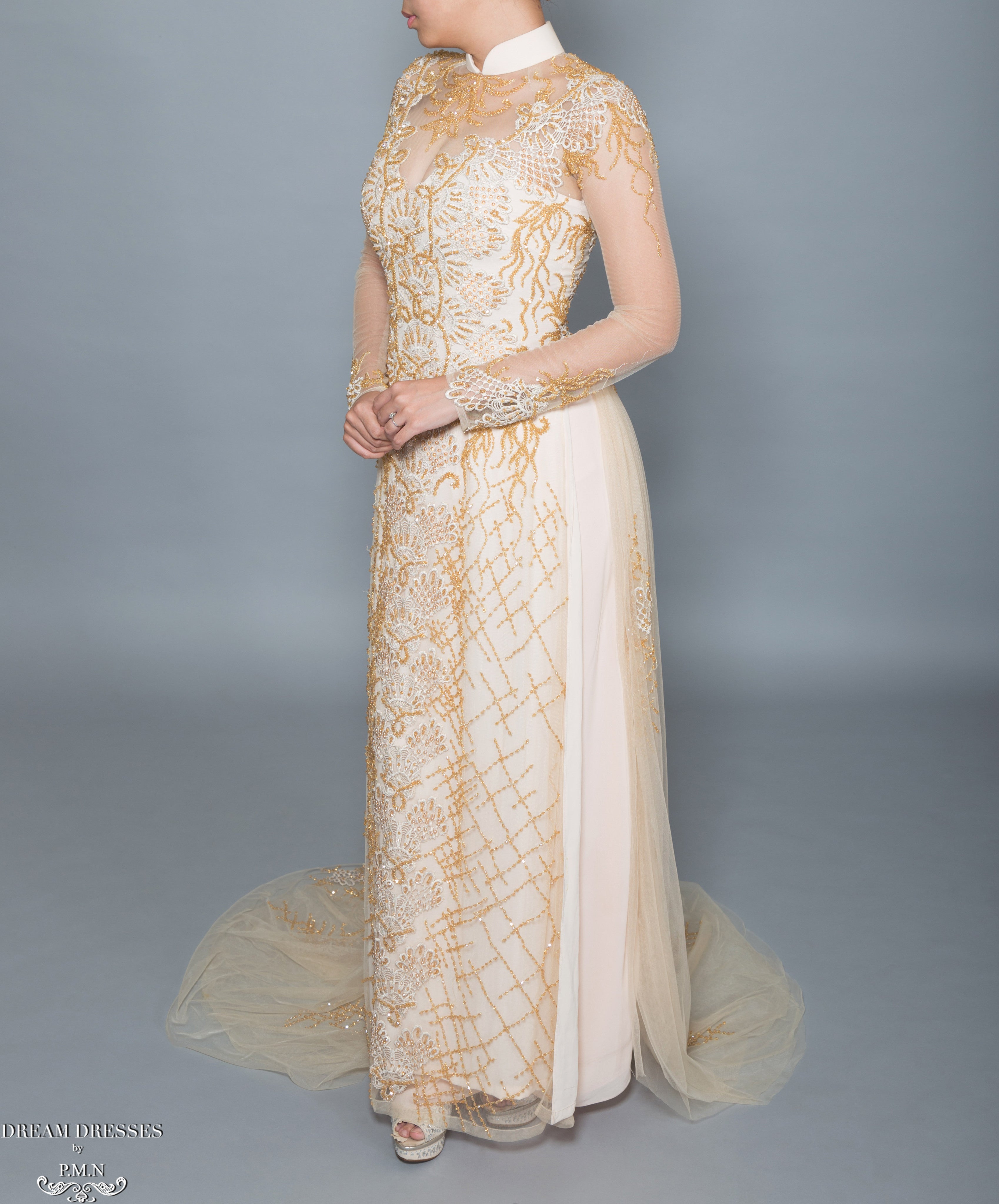 Gold Bridal Ao Dai | Vietnamese Bridal Dress with Embellishment (#HELGA)