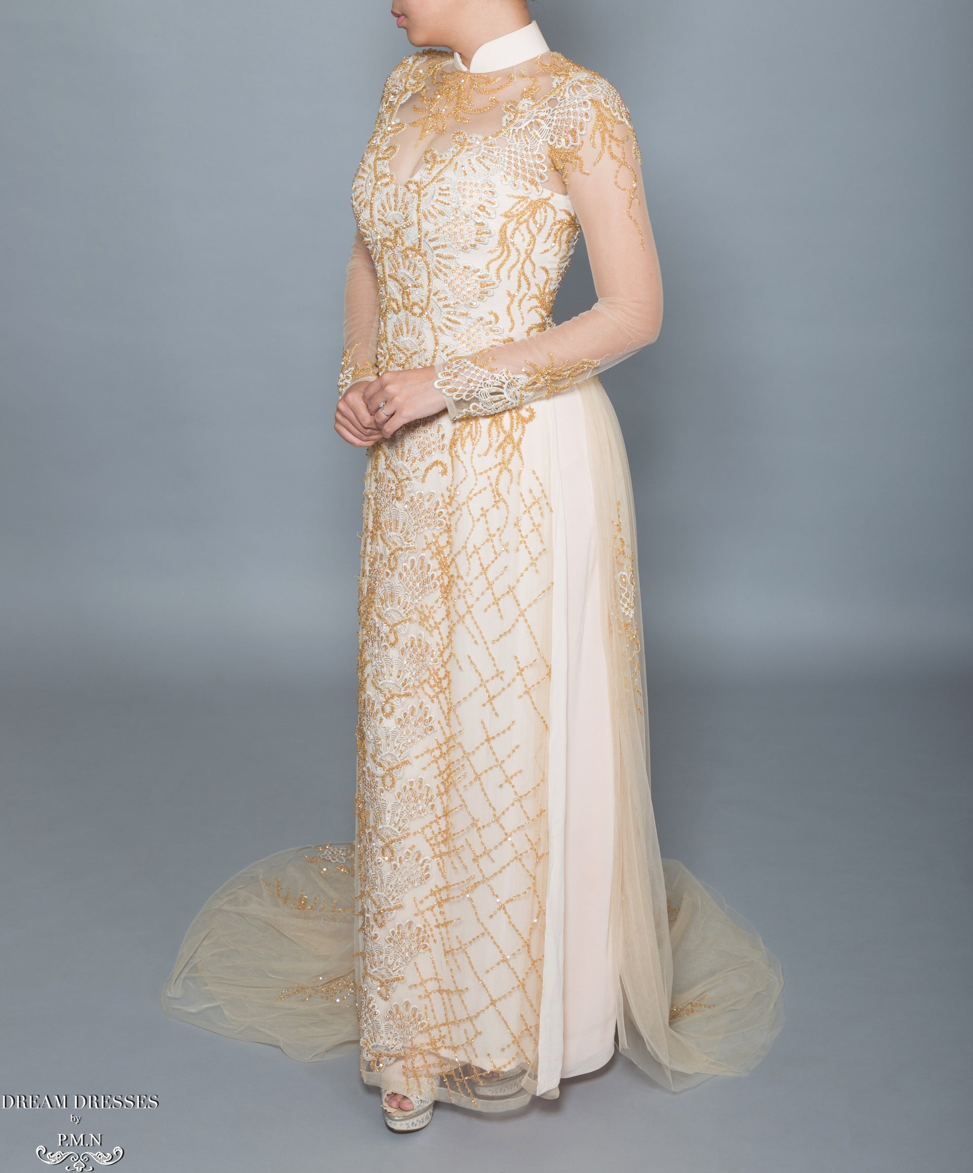Gold Bridal Ao Dai | Vietnamese Bridal Dress with Embellishment (#HELGA) - Dream Dresses by P.M.N.