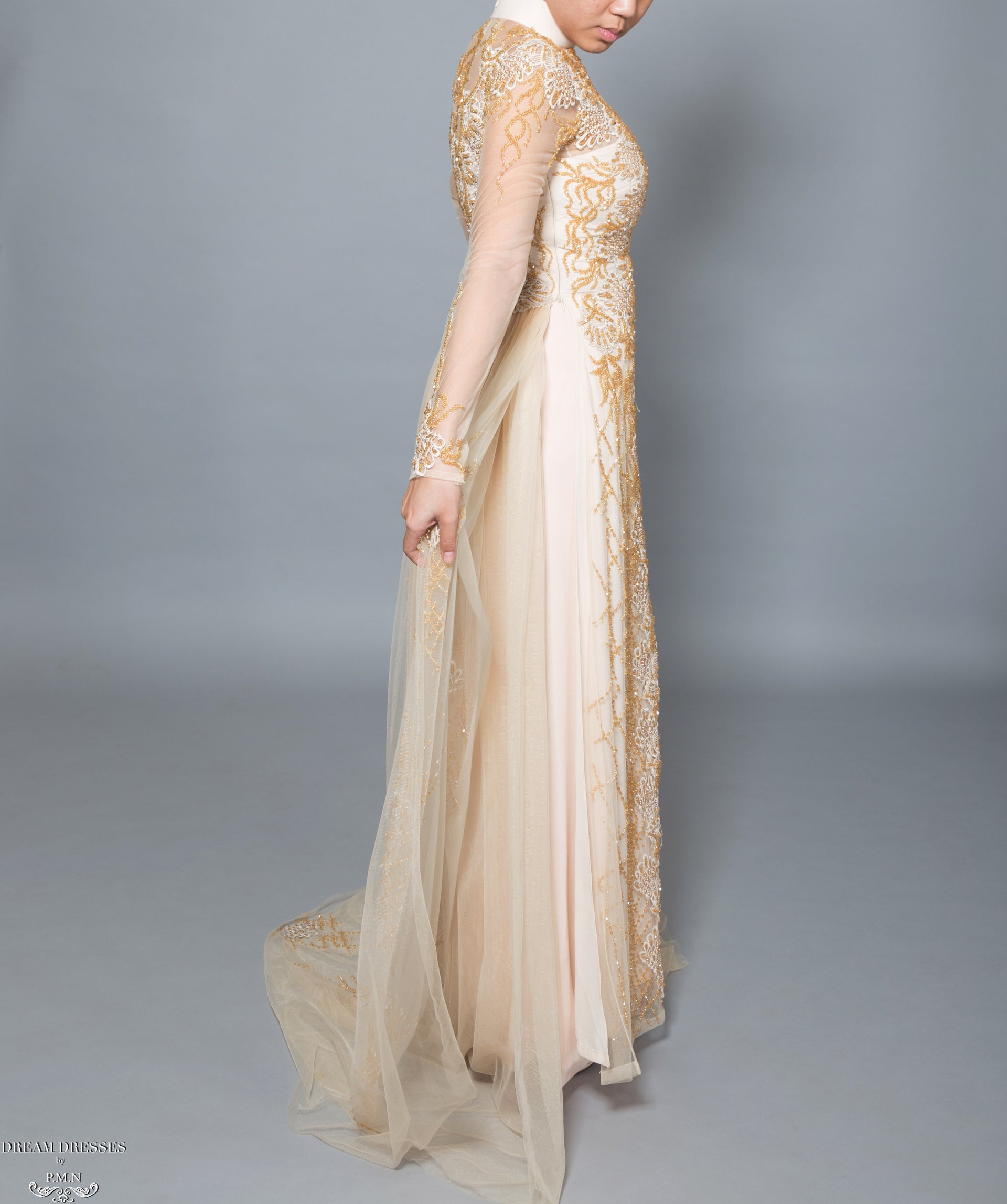 DreamDress By PMN Helga Ao Dai Inspired Wedding Dress Gown Gold Illusion V-Neck Floral Sequin Embellishment Chapel Train Chiffon Pants
