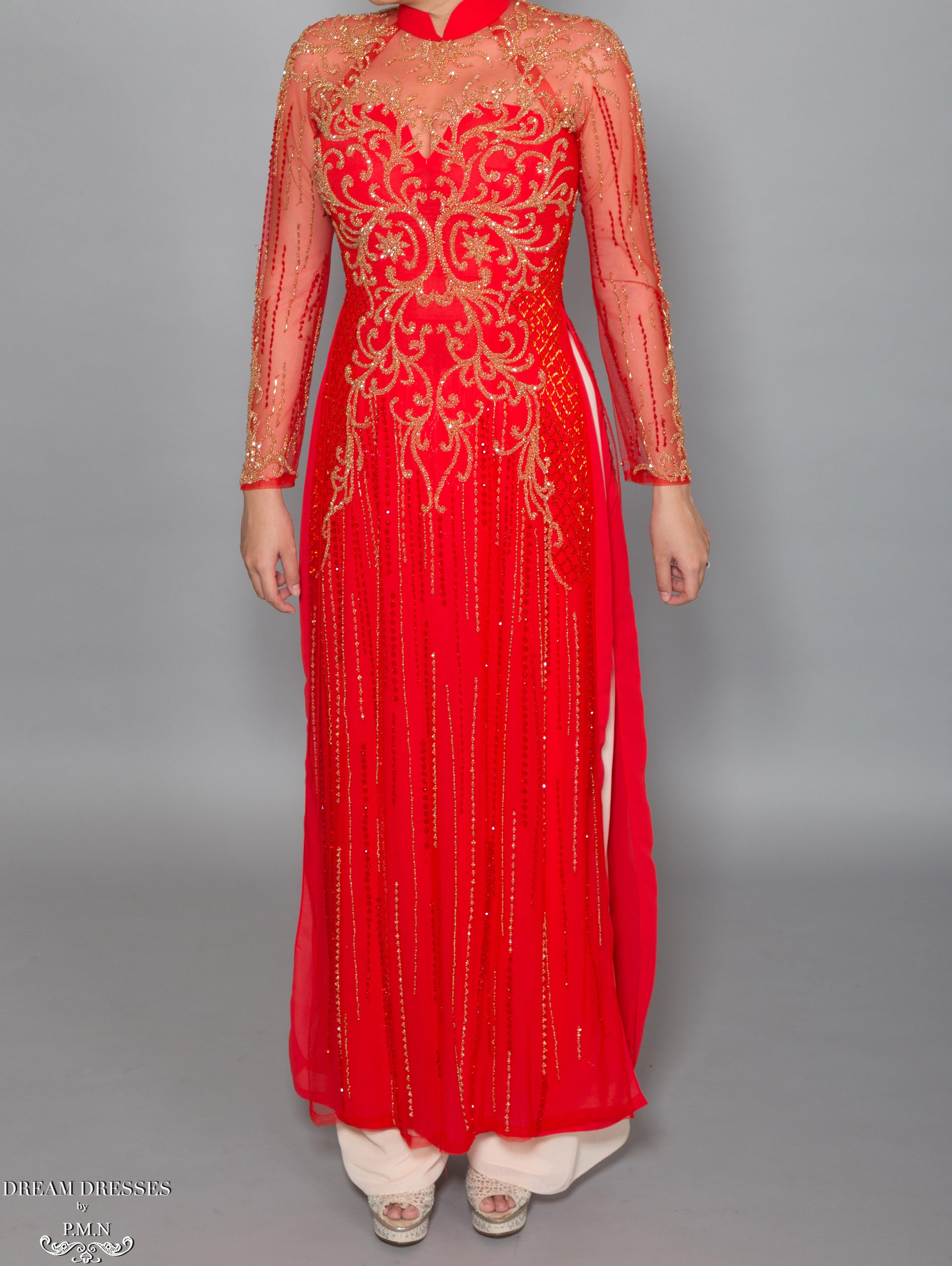 Red Ao Dai with Gold Embellishment | Vietnamese Bridal Dress (#DALYA) - Dream Dresses by P.M.N.