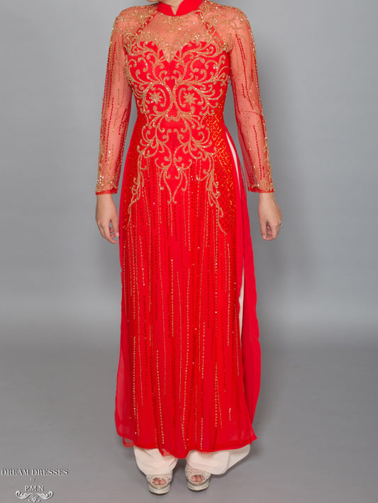Red Ao Dai with Gold Embellishment | Vietnamese Bridal Dress (#DALYA) - Dream Dresses by P.M.N.