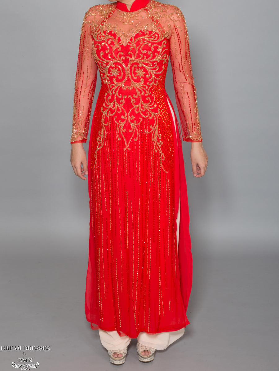 Red Ao Dai with Gold Embellishment | Vietnamese Bridal Dress (#DALYA) - Dream Dresses by P.M.N.