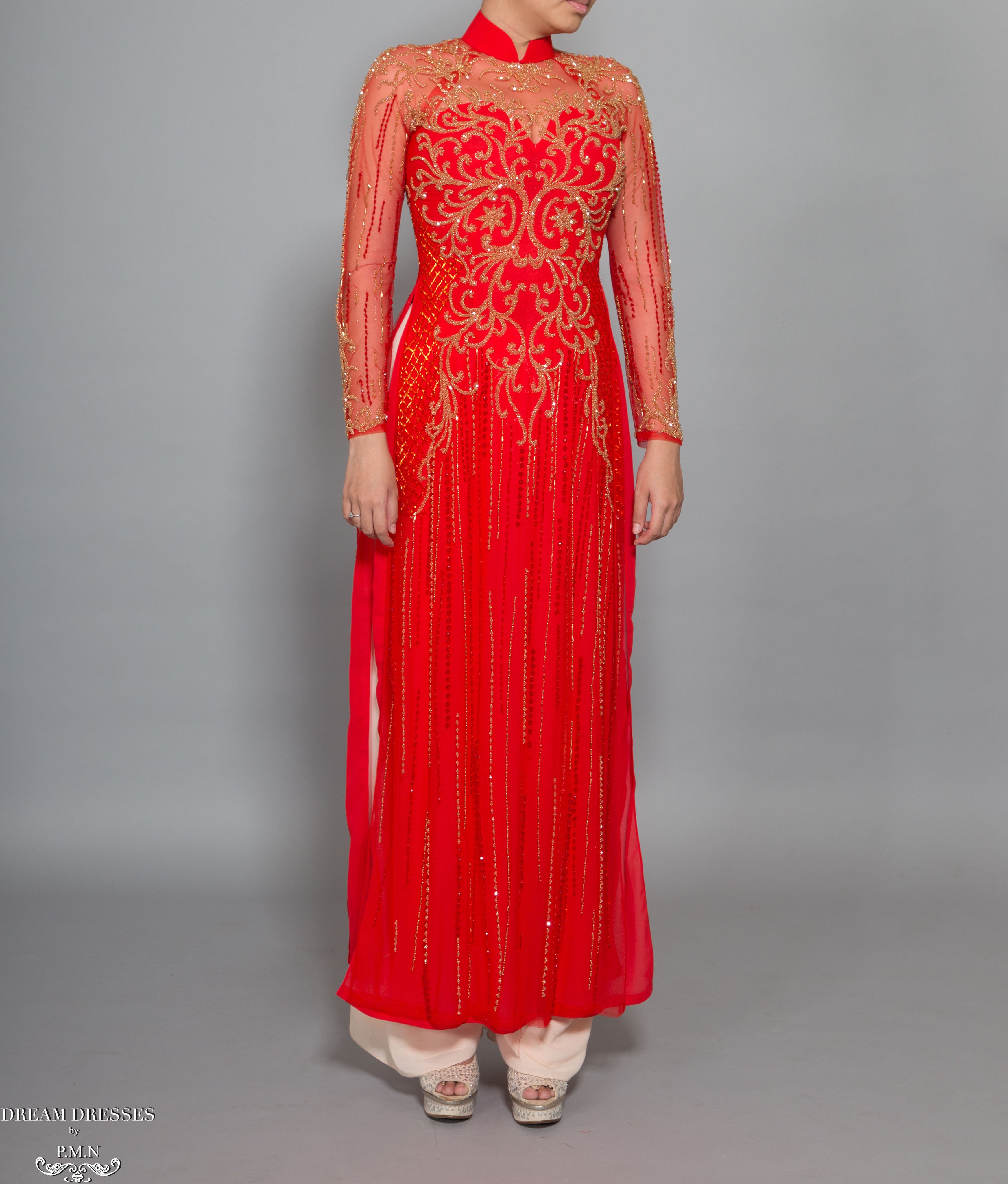 DreamDress By PMN Dalya Vietnamese Ao Dai Inspired Wedding Dress Gown Red Illusion Gold Accents Embellishments Champagne Satin Pants | Size: 12 DreamDress By PMN Dalya Vietnamese Ao Dai Inspired Wedding Dress Gown Red Illusion Gold Accents Embellishments Champagne Satin Pants | Size: 12