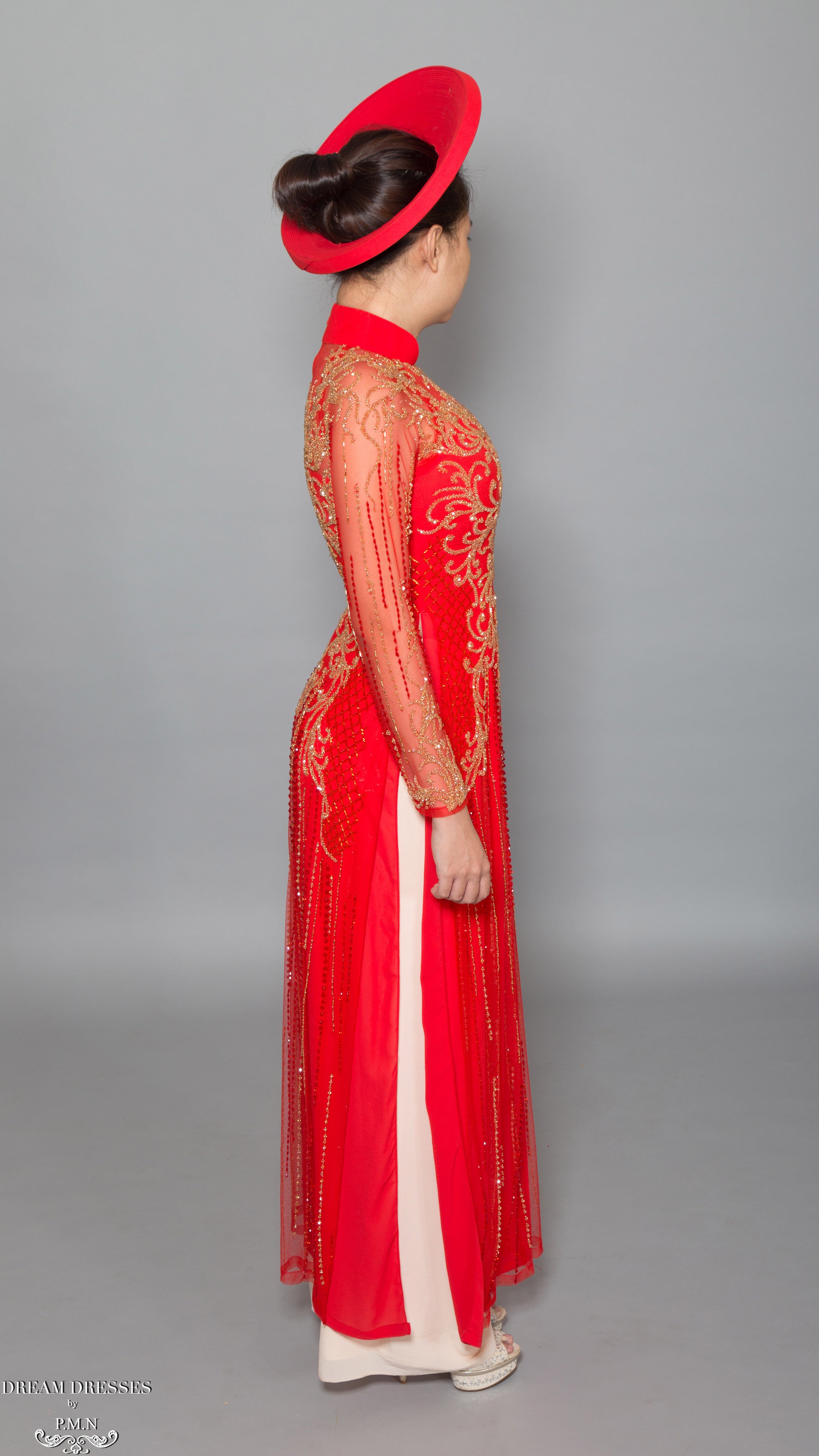 DreamDress By PMN Dalya Vietnamese Ao Dai Inspired Wedding Dress Gown Red Illusion Gold Accents Embellishments Champagne Satin Pants | Size: 12 DreamDress By PMN Dalya Vietnamese Ao Dai Inspired Wedding Dress Gown Red Illusion Gold Accents Embellishments Champagne Satin Pants | Size: 12