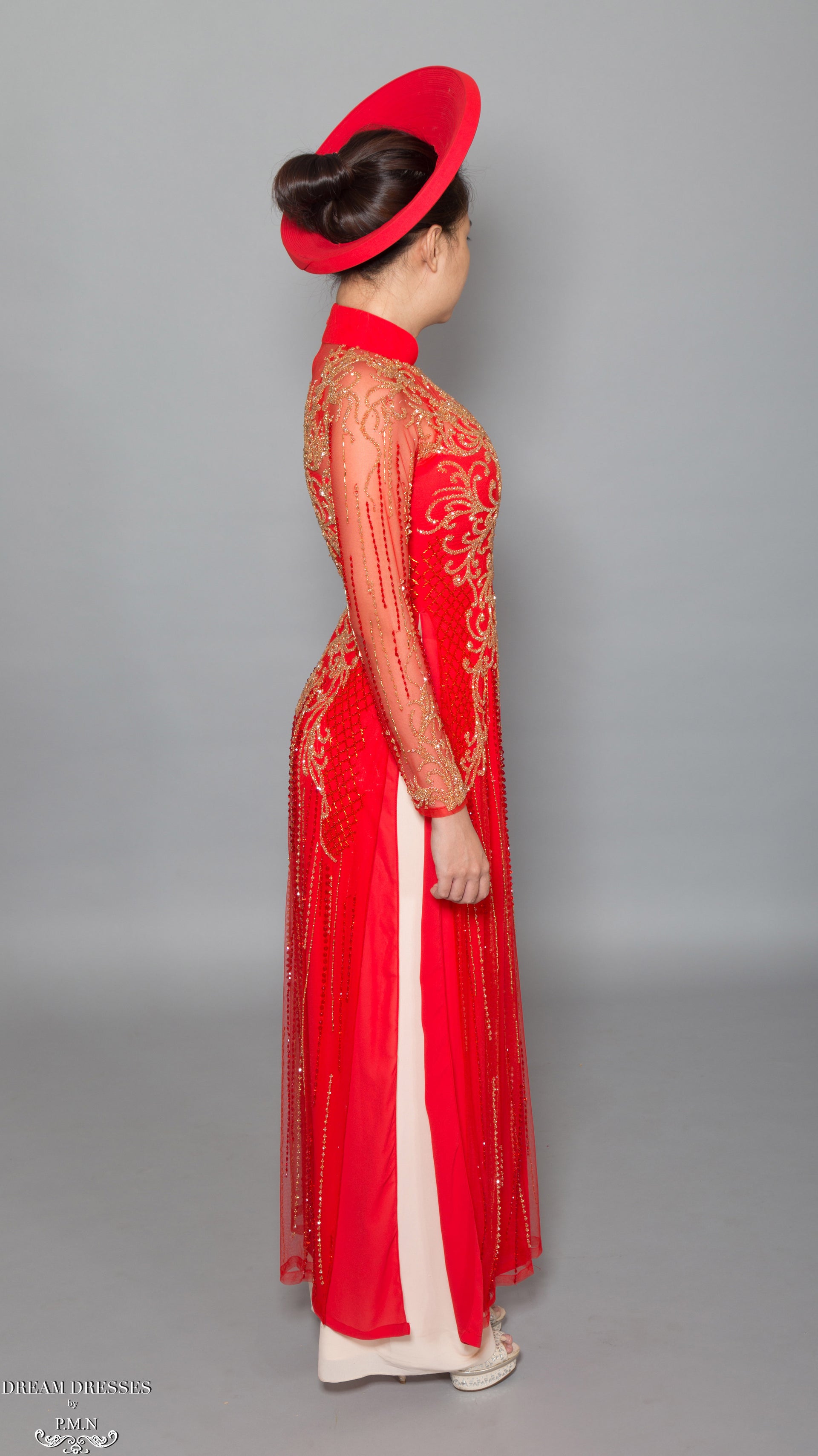 Red Ao Dai with Gold Embellishment | Vietnamese Bridal Dress (#DALYA) - Dream Dresses by P.M.N.