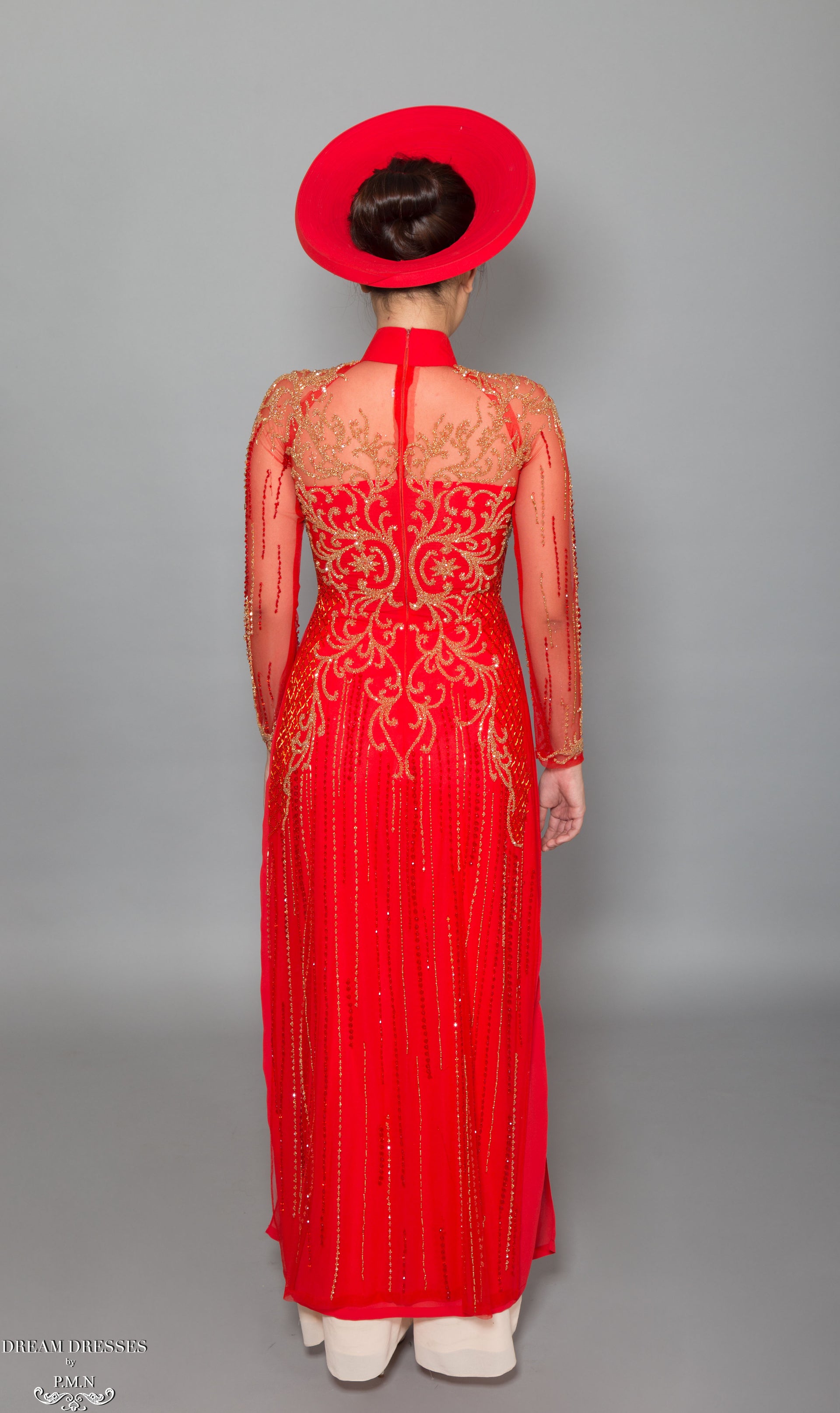 Red Ao Dai with Gold Embellishment | Vietnamese Bridal Dress (#DALYA) - Dream Dresses by P.M.N.