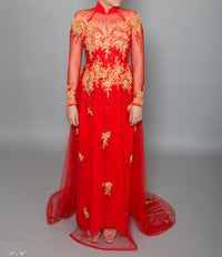 Red Bridal Ao Dai with Gold Lace | Vietnamese Bridal Dress with Embellishment (#KALEY) - Dream Dresses by P.M.N.