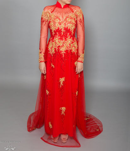 Red Bridal Ao Dai with Gold Lace | Vietnamese Bridal Dress with Embellishment (#KALEY)