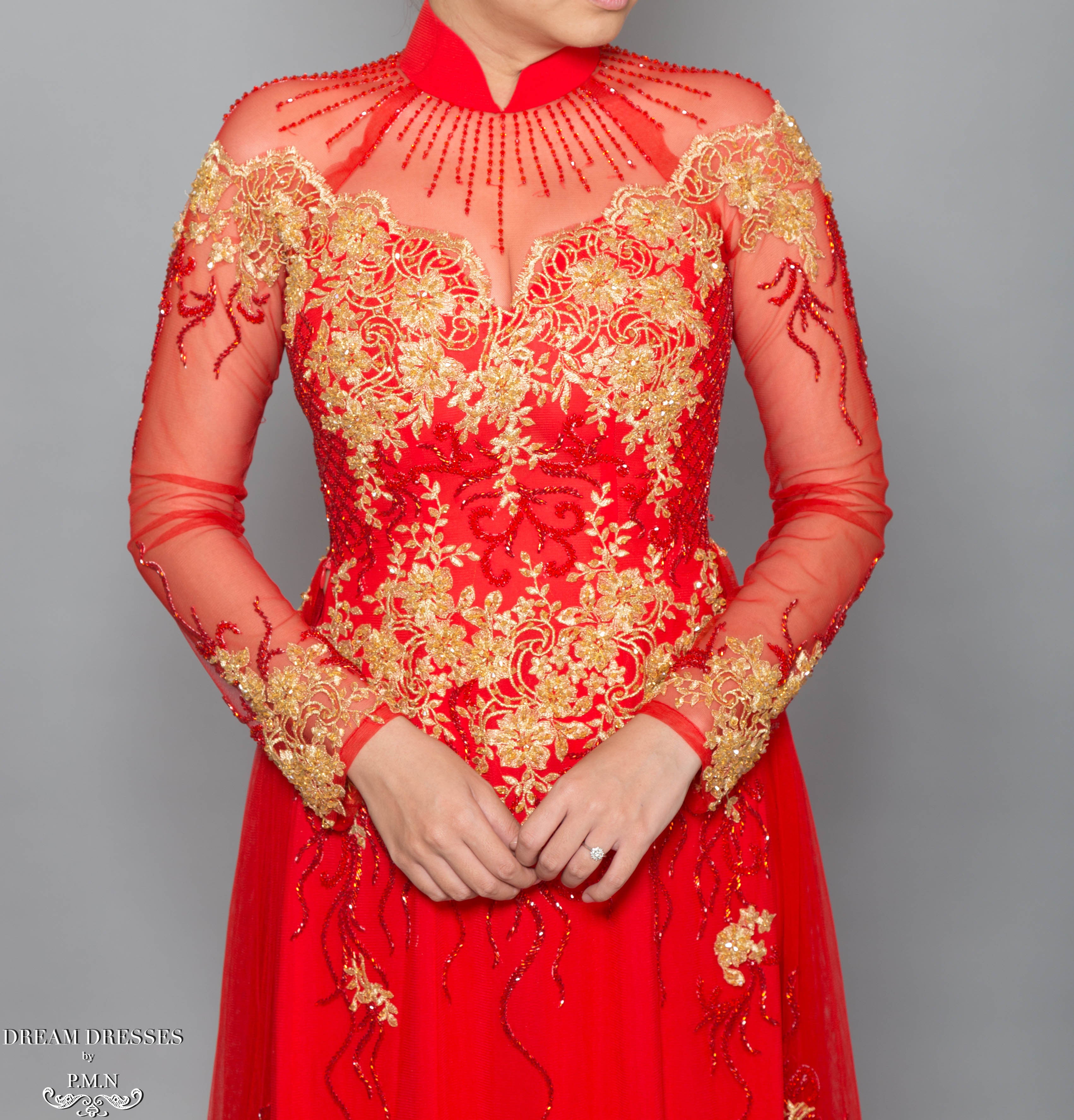 Red Bridal Ao Dai with Gold Lace | Vietnamese Bridal Dress with Embellishment (#KALEY)