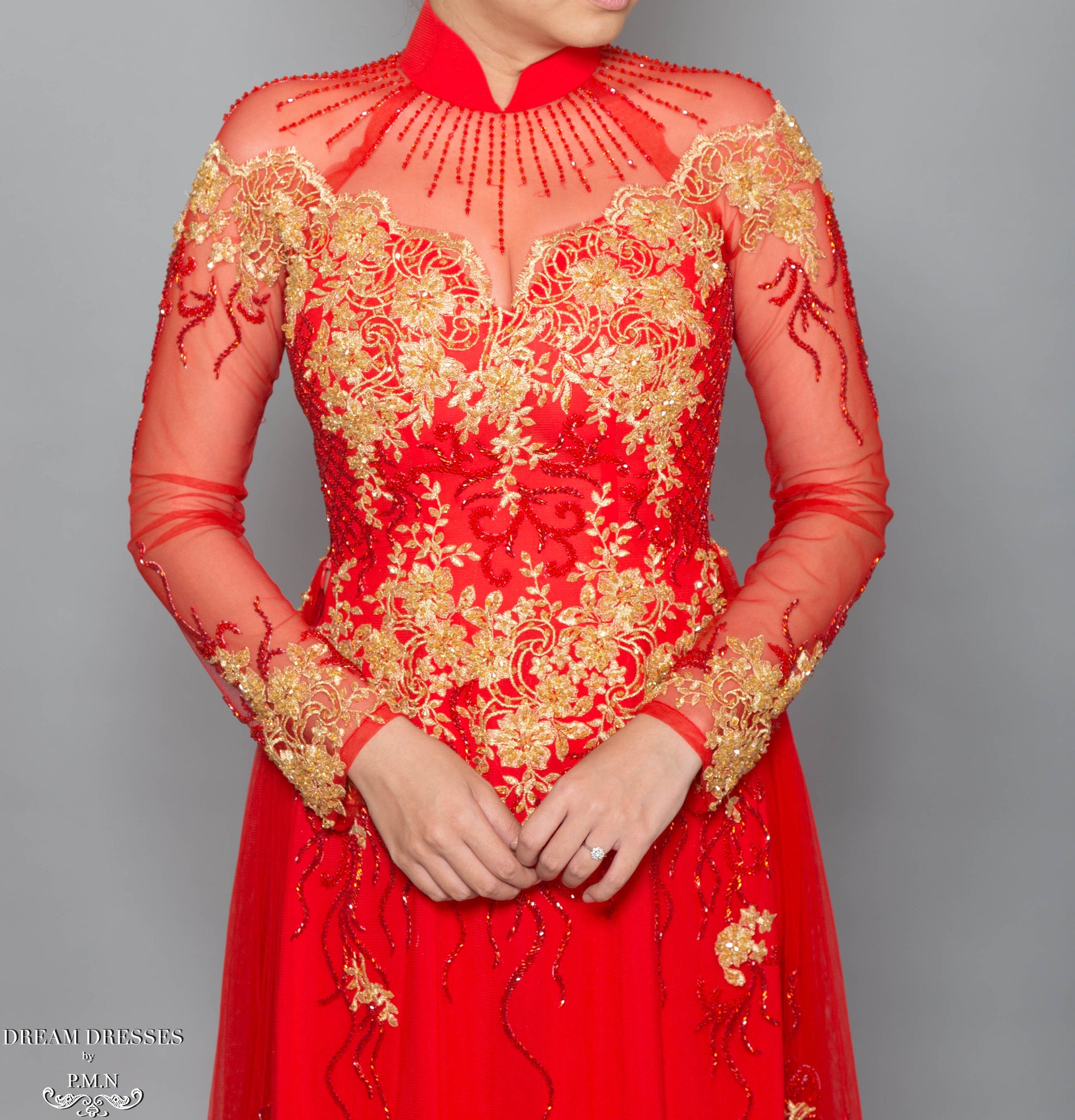 Red Bridal Ao Dai with Gold Lace | Vietnamese Bridal Dress with Embellishment (#KALEY) - Dream Dresses by P.M.N.