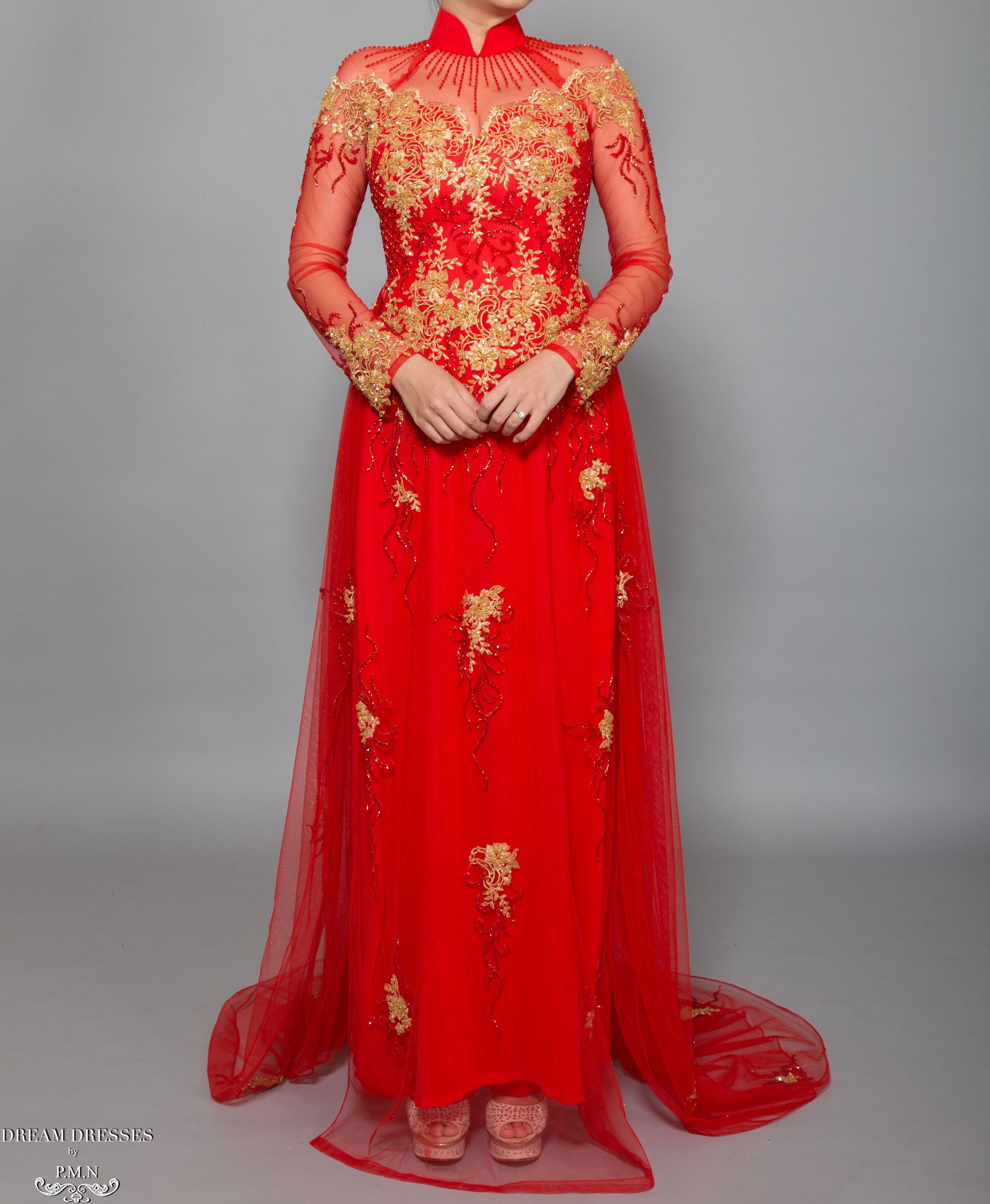 Red & Gold Ao Dai Bridal Dress with Embellishment for Vietnam Bride Red & Gold Ao Dai Bridal Dress with Embellishment for Vietnam Bride