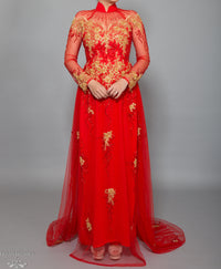 Red Bridal Ao Dai with Gold Lace | Vietnamese Bridal Dress with Embellishment (#KALEY) - Dream Dresses by P.M.N.