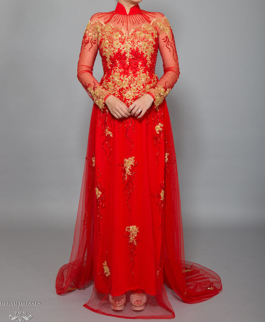 Red Bridal Ao Dai with Gold Lace | Vietnamese Bridal Dress with Embellishment (#KALEY) - Dream Dresses by P.M.N.