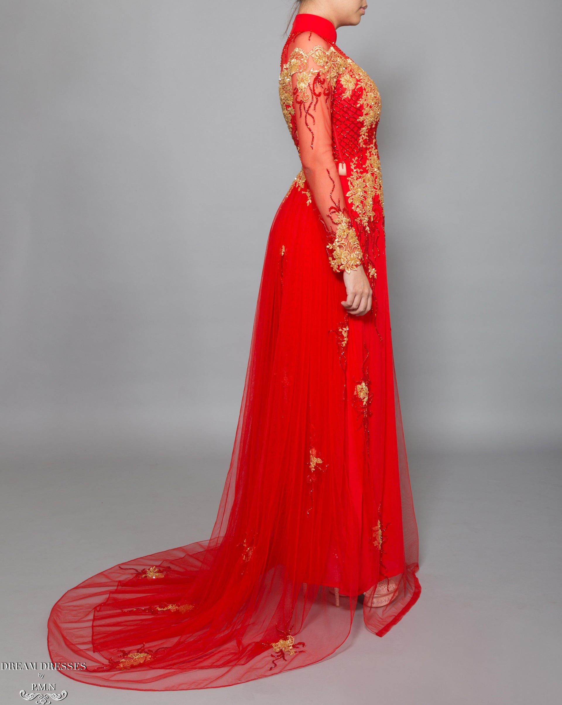 Red Bridal Ao Dai with Gold Lace | Vietnamese Bridal Dress with Embellishment (#KALEY) - Dream Dresses by P.M.N.