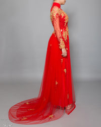 Red Bridal Ao Dai with Gold Lace | Vietnamese Bridal Dress with Embellishment (#KALEY) - Dream Dresses by P.M.N.