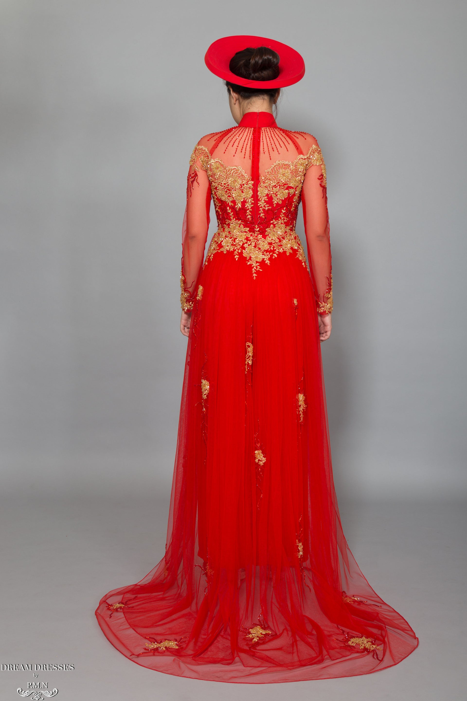Red Bridal Ao Dai with Gold Lace | Vietnamese Bridal Dress with Embellishment (#KALEY) - Dream Dresses by P.M.N.