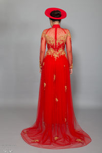 Red Bridal Ao Dai with Gold Lace | Vietnamese Bridal Dress with Embellishment (#KALEY) - Dream Dresses by P.M.N.