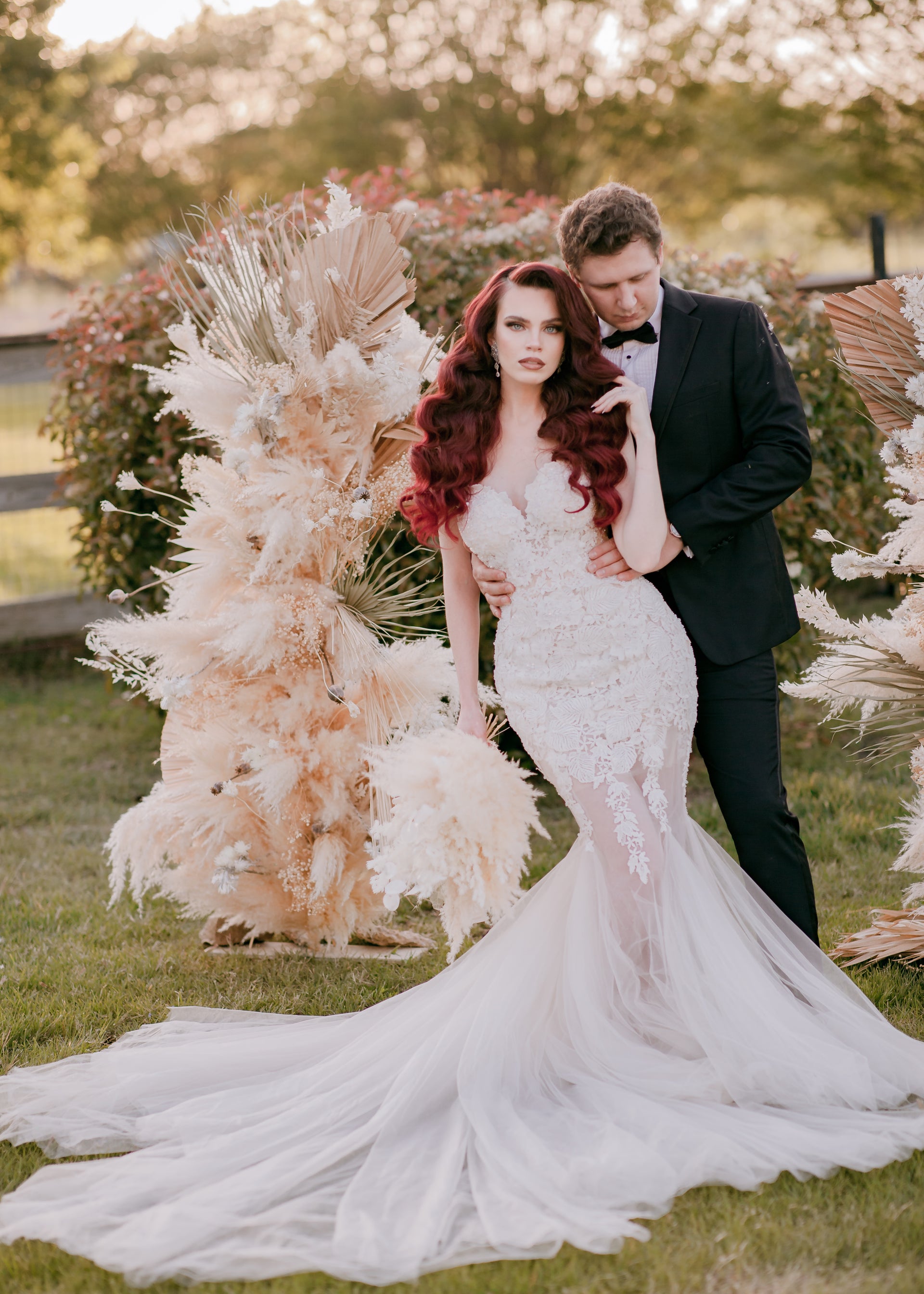 DreamDress By PMN Mermaid Wedding Dress Gown Strapless Floral Embellishment Sheer Beaded Lace Bodice Chapel Train | Size: Custom