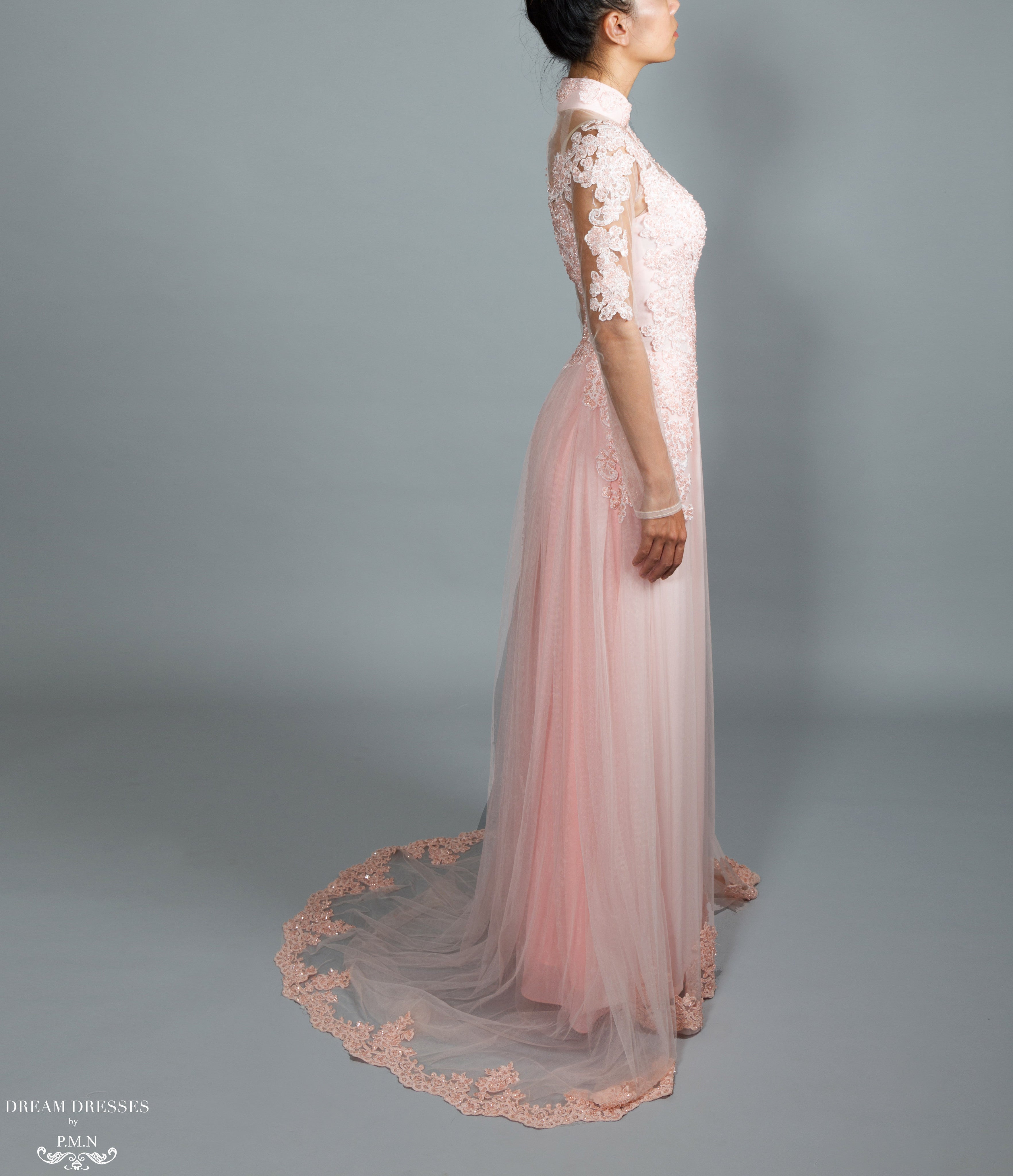 Blush Pink Bridal Ao Dai | Vietnamese Bridal Dress with Embellishment (#GALILAH)