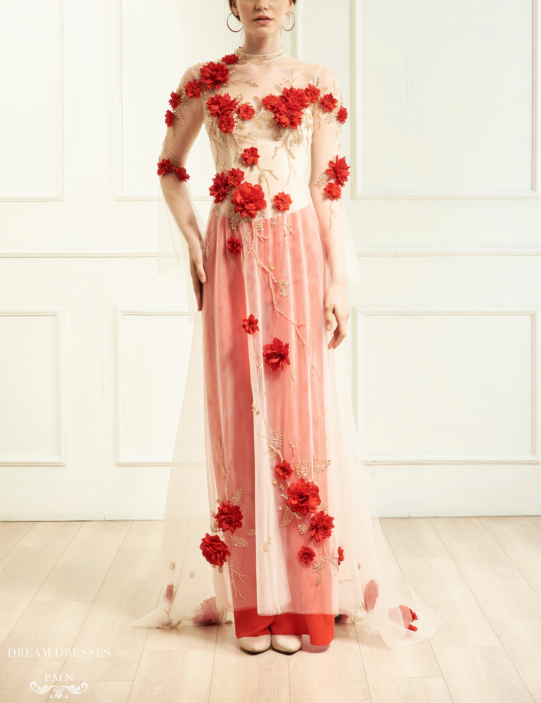 Red Bridal Ao Dai | Vietnamese Bridal Dress with Embellishment (#INA)