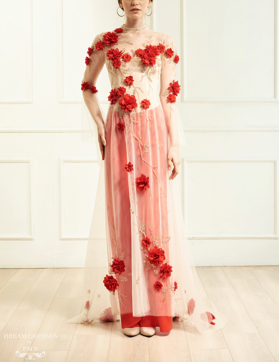 Red Bridal Ao Dai | Vietnamese Bridal Dress with Embellishment (#INA) - Dream Dresses by P.M.N.