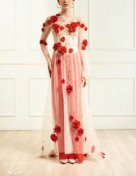 Red Bridal Ao Dai | Vietnamese Bridal Dress with Embellishment (#INA) - Dream Dresses by P.M.N.