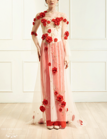 Red Bridal Ao Dai | Vietnamese Bridal Dress with Embellishment (#INA)