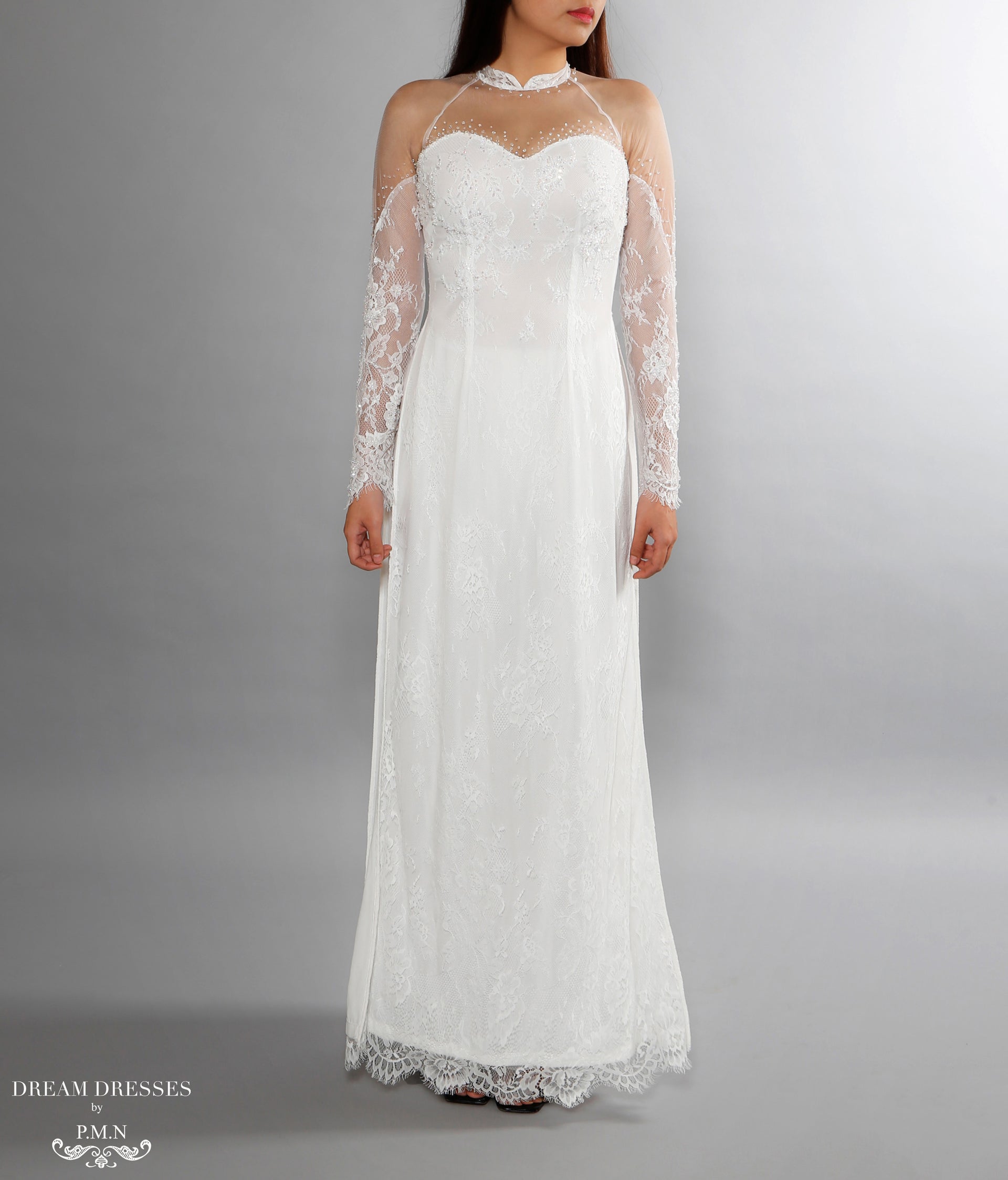 White Bridal Ao Dai | Vietnamese Lace Bridal Dress (#ISABELLE) - Dream Dresses by P.M.N.