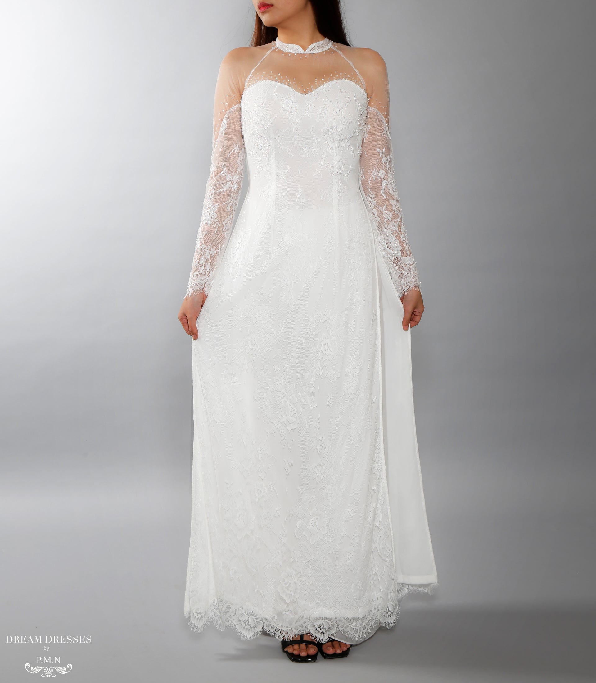 White Bridal Ao Dai | Vietnamese Lace Bridal Dress (#ISABELLE) - Dream Dresses by P.M.N.