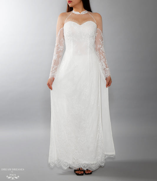 White Bridal Ao Dai | Vietnamese Lace Bridal Dress (#ISABELLE) - Dream Dresses by P.M.N.