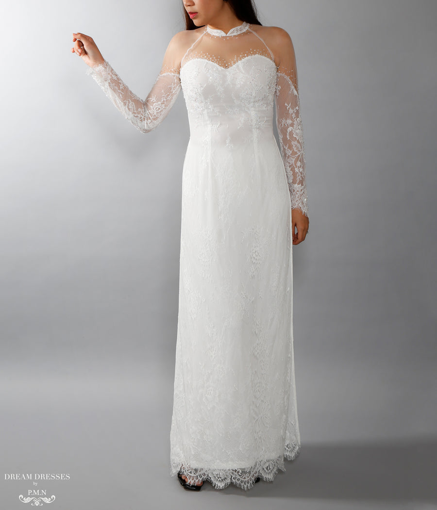 White Bridal Ao Dai | Vietnamese Lace Bridal Dress (#ISABELLE) - Dream Dresses by P.M.N.