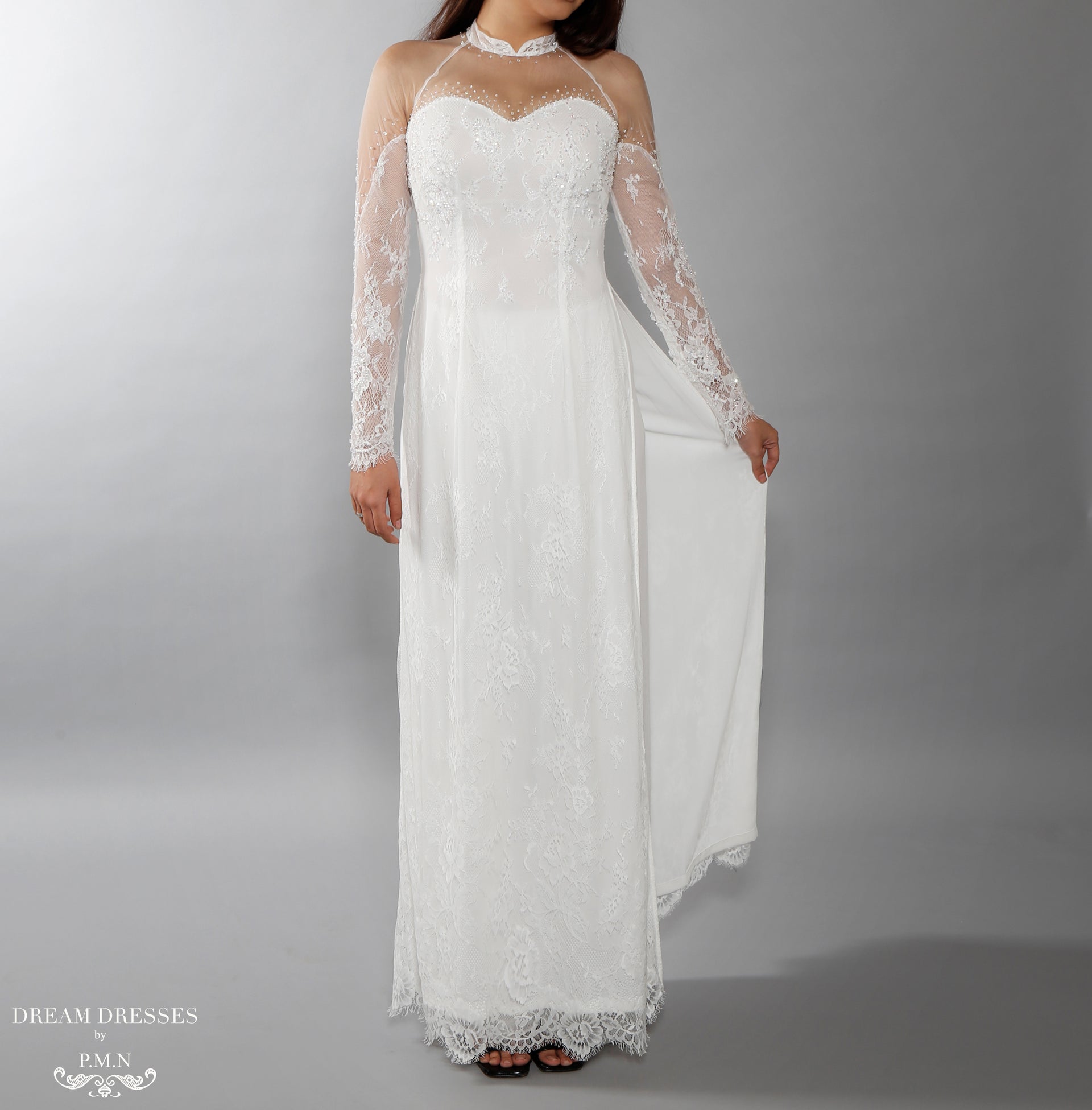 White Bridal Ao Dai | Vietnamese Lace Bridal Dress (#ISABELLE) - Dream Dresses by P.M.N.
