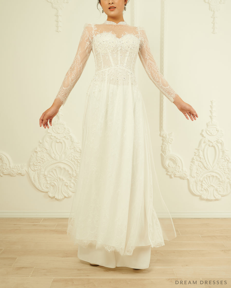 White Bridal Ao Dai | Lace Vietnamese Wedding Dress (#ILARIA) - Dream Dresses by P.M.N.
