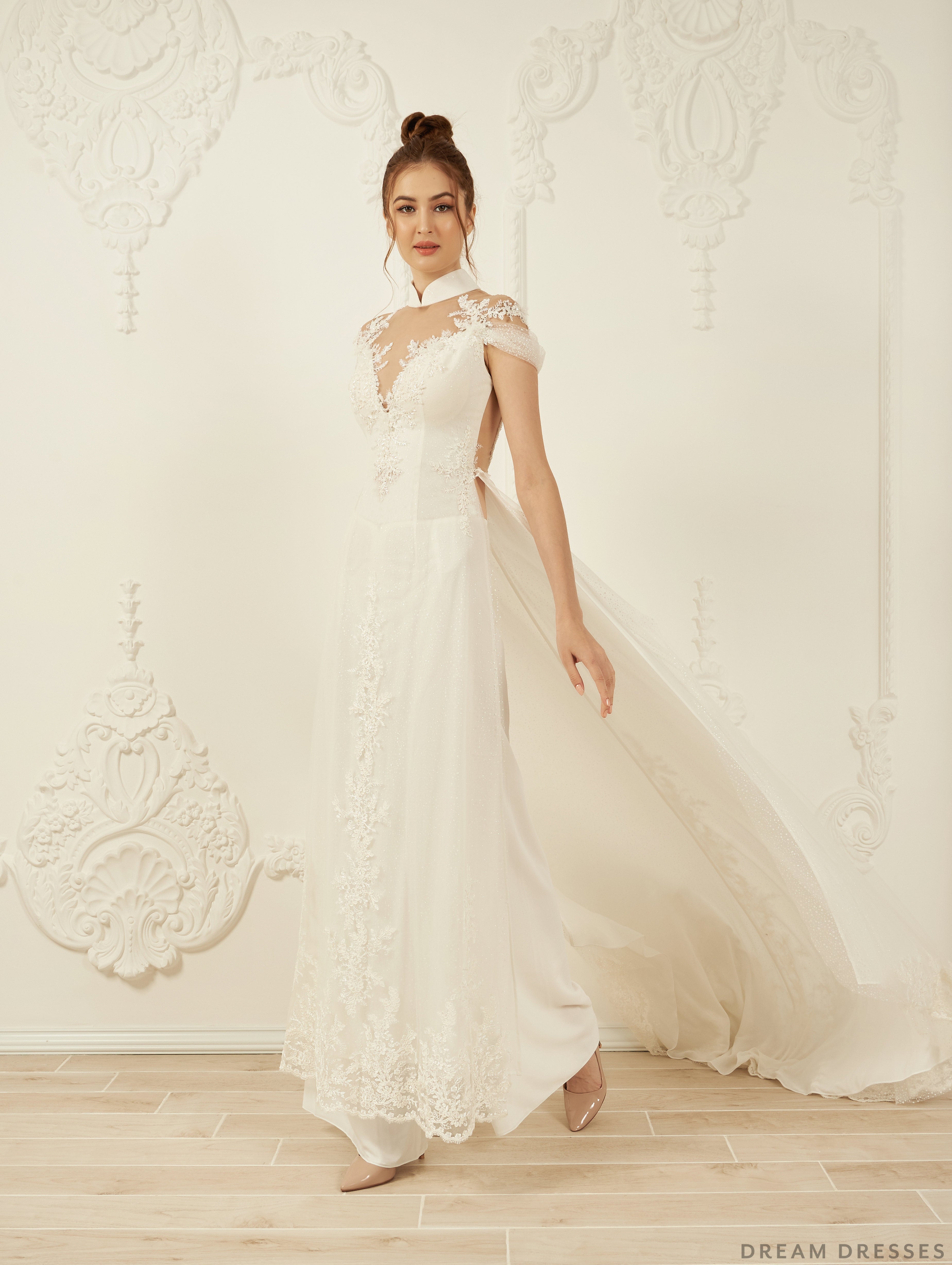 DreamDress By PMN Iliana Ao Dai Inspired Wedding Dress Gown Illusion Open Back Floral Accents Sweep Train | Size: 10 | No Detachable Train DreamDress By PMN Iliana Ao Dai Inspired Wedding Dress Gown Illusion Open Back Floral Accents Sweep Train | Size: 10 | No Detachable Train