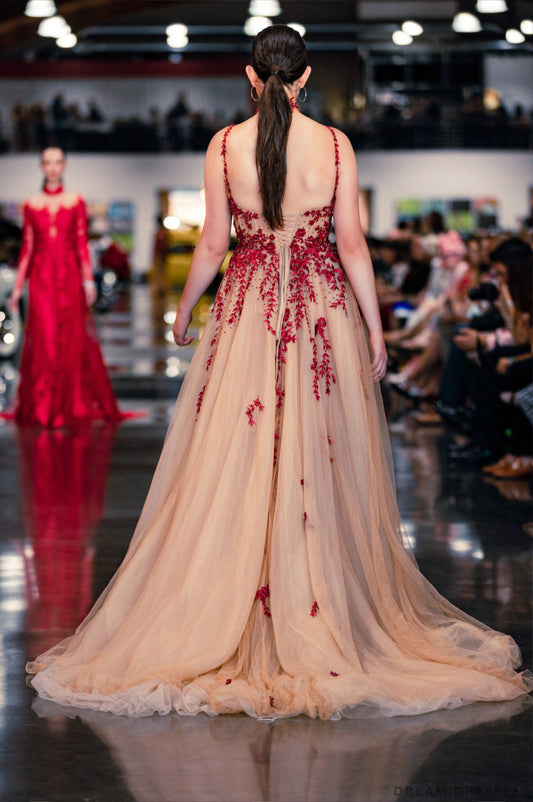 Nude Color Wedding Gown with Red Lace (#Isha ) - Dream Dresses by P.M.N.