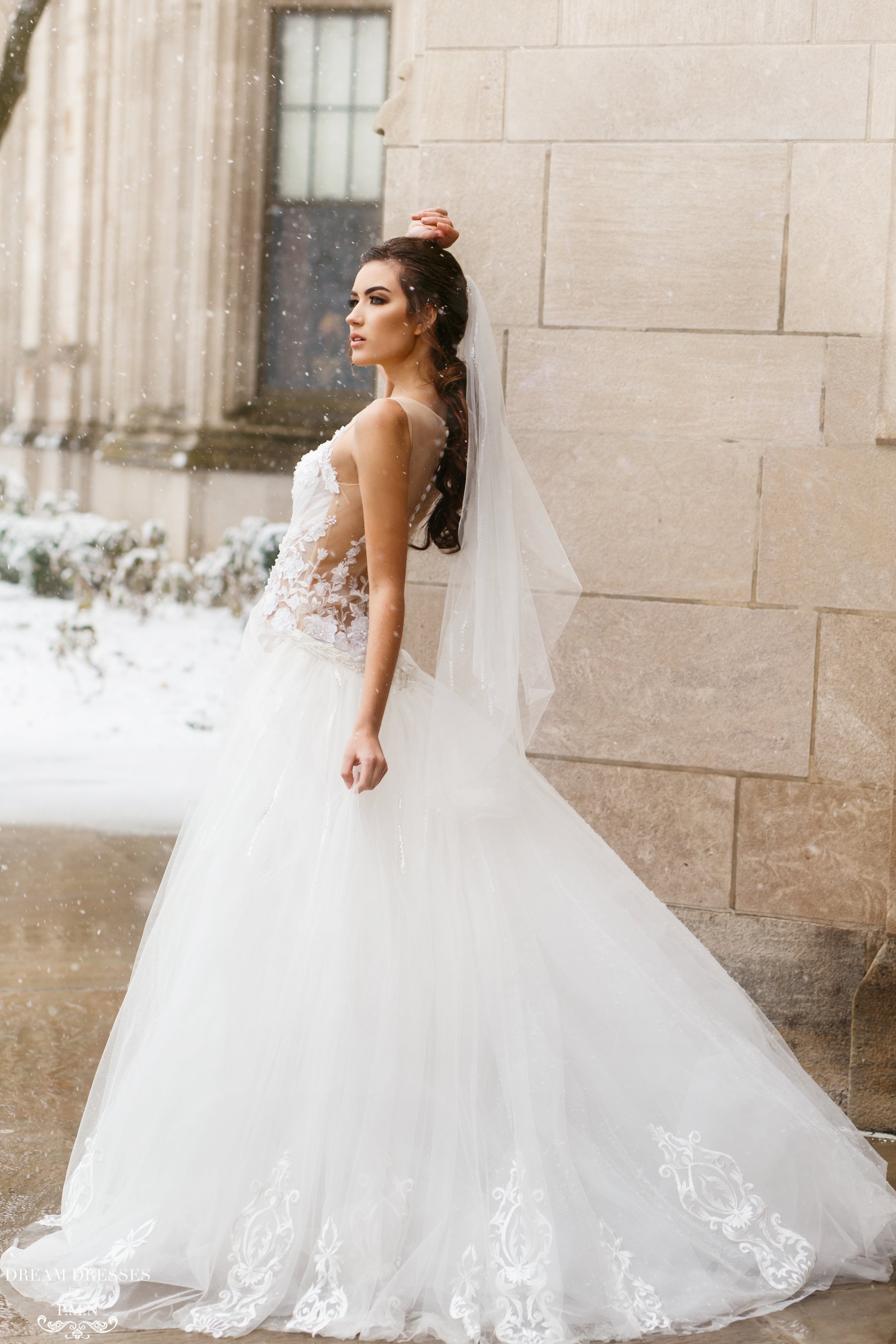 Bride Wore Semi-Sheer, Illusion Wedding Dress With Removable Skirt