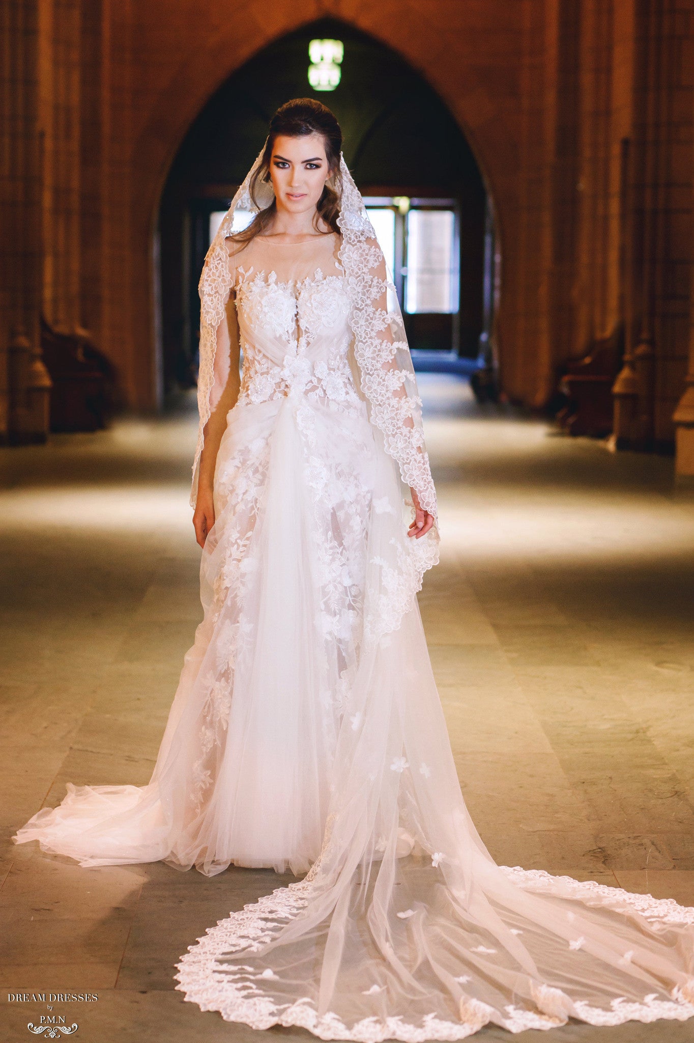 DreamDress By PMN Izia Wedding Veil Soft Tulle Floral Scalloped Lace Cathedral | Size: Cathedral | Color: Ivory DreamDress By PMN Izia Wedding Veil Soft Tulle Floral Scalloped Lace Cathedral | Size: Cathedral | Color: Ivory