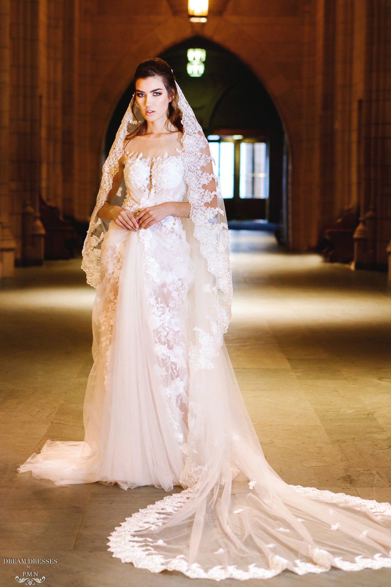DreamDress By PMN Izia Wedding Veil Soft Tulle Floral Scalloped Lace Cathedral | Size: Cathedral | Color: Ivory DreamDress By PMN Izia Wedding Veil Soft Tulle Floral Scalloped Lace Cathedral | Size: Cathedral | Color: Ivory