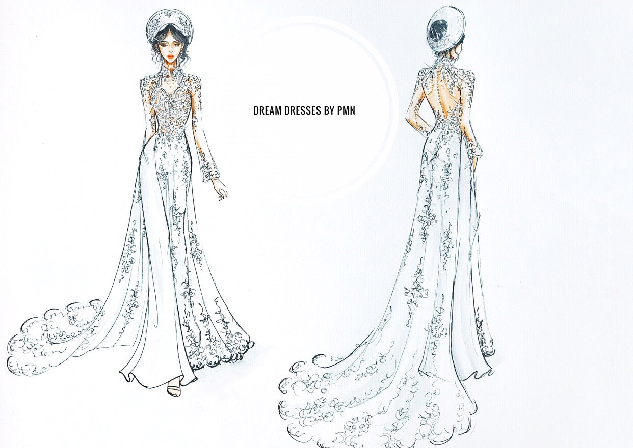 White Bridal Ao Dai | Modern Vietnamese Lace Bridal Dress (#JENINE) - Dream Dresses by P.M.N.