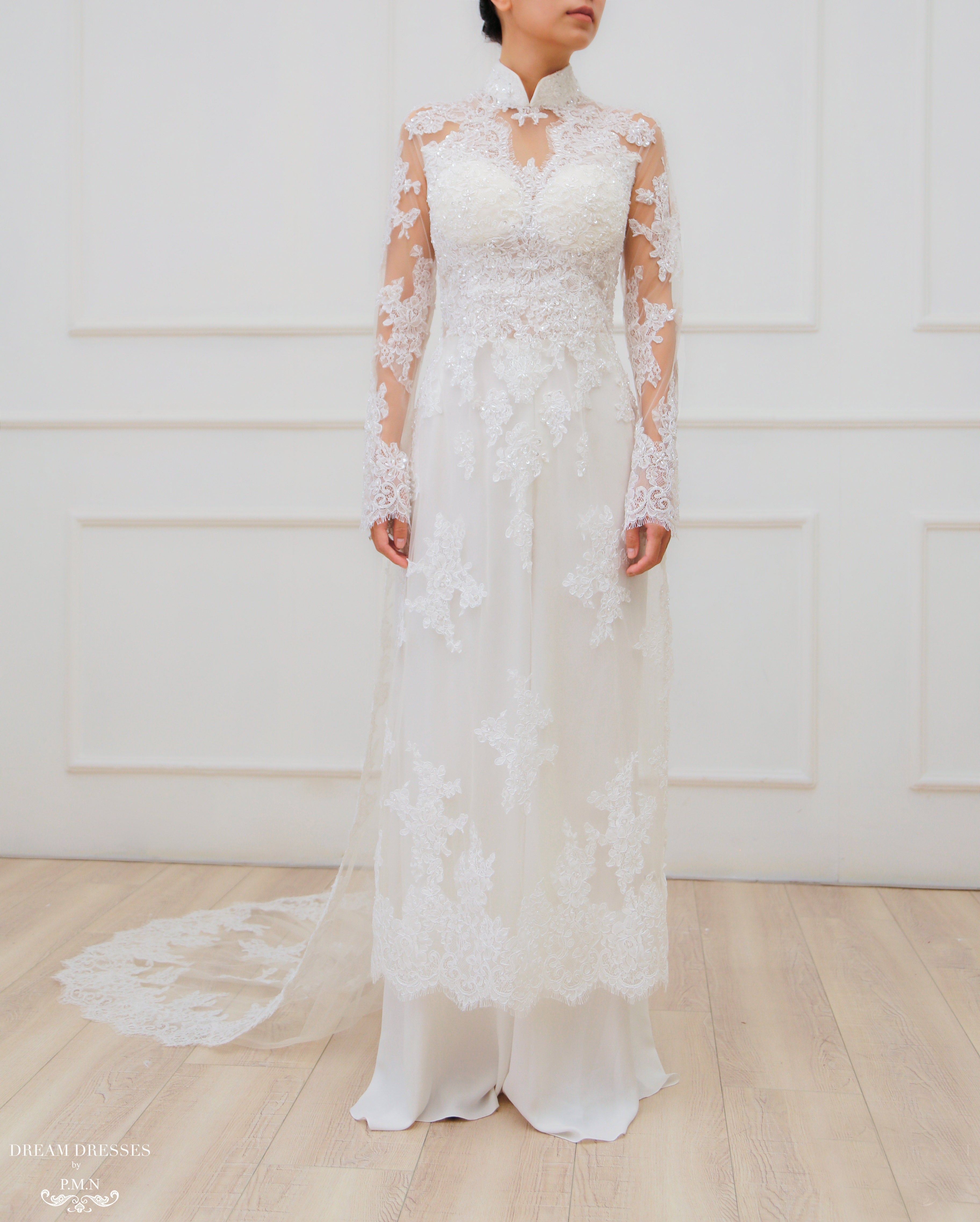 White Bridal Ao Dai | Modern Vietnamese Lace Bridal Dress (#JENINE)