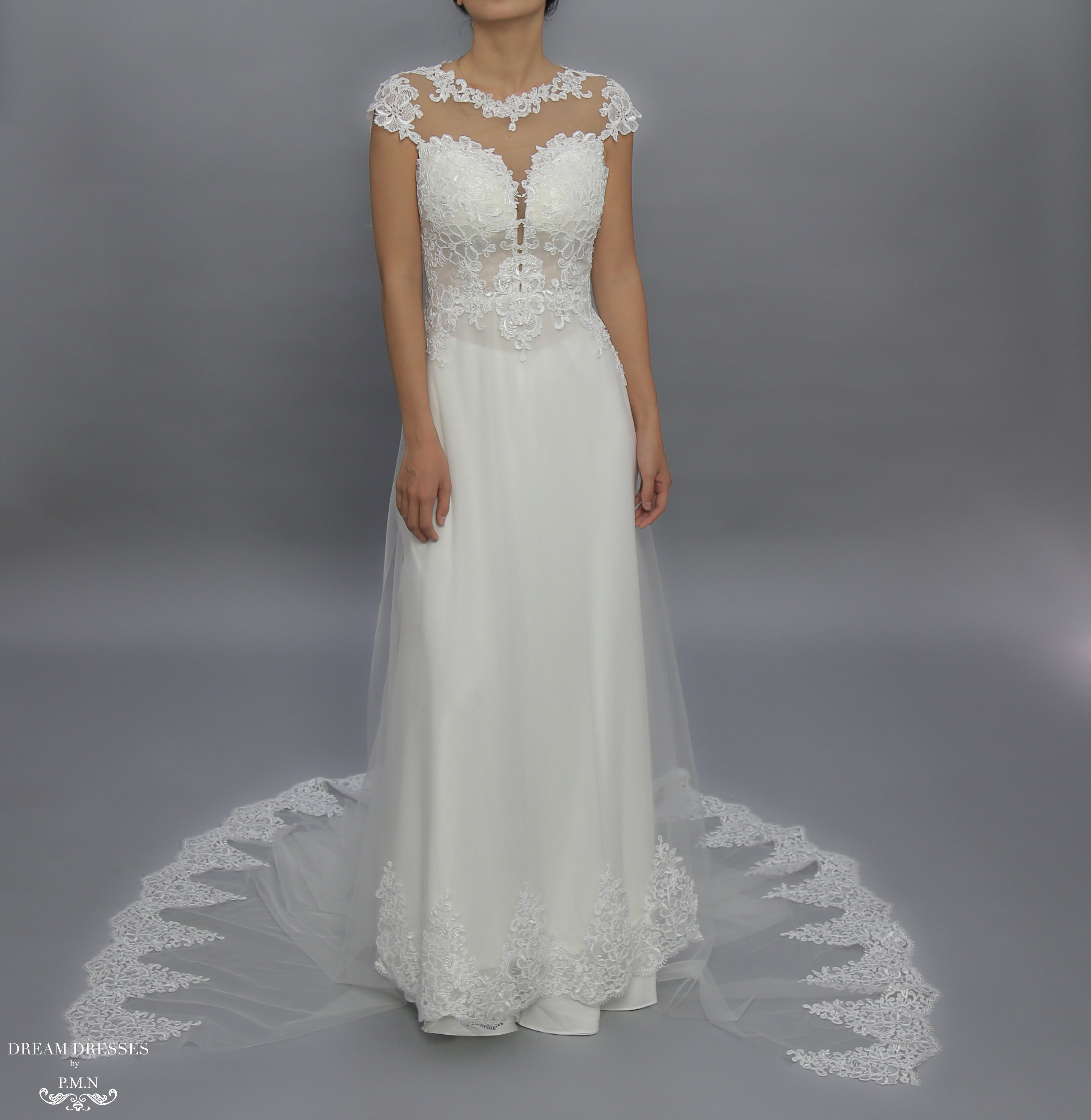 White Bridal Ao Dai | Modern Vietnamese Lace Bridal Dress (#JENY)