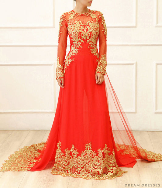 Red Bridal Ao Dai with Gold Lace | Vietnamese Bridal Dress (#KAIA) - Dream Dresses by P.M.N.