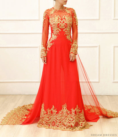 Red Bridal Ao Dai with Gold Lace | Vietnamese Bridal Dress (#KAIA)